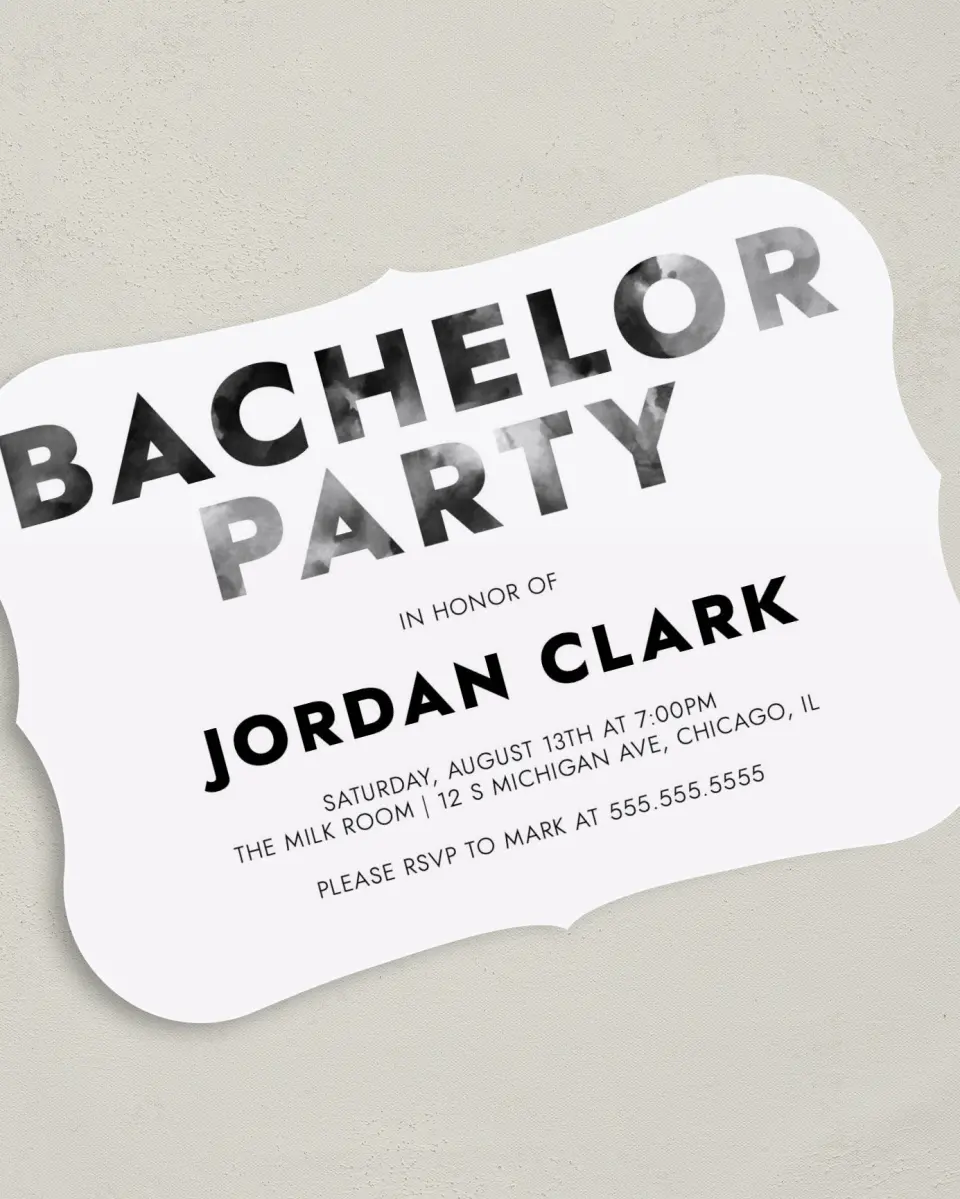 This is a 5" x 7" Bachelor Party Invitation called Modern Bliss printed in full color with Rose Gold foil on Luxe Satin (coated) paper