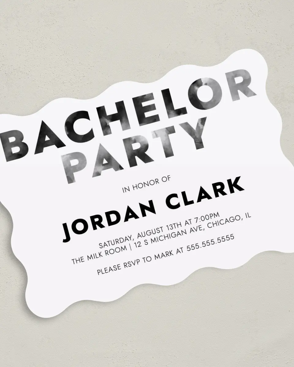 This is a 5" x 7" Bachelor Party Invitation called Modern Bliss printed in full color on Premium Smooth paper
