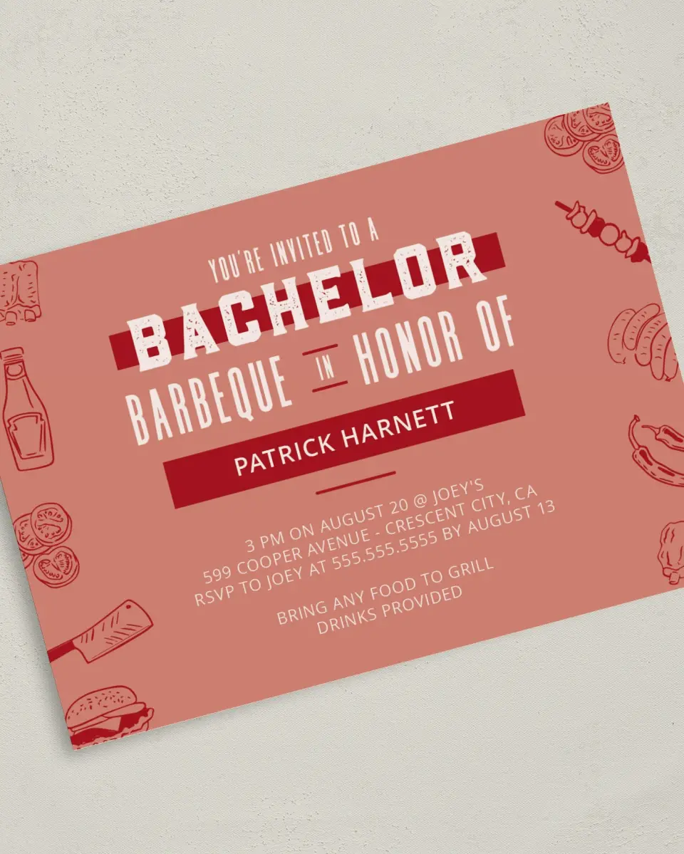 This is a 5" x 7" Bachelor Party Invitation called Fun Abundance printed in full color with Rose Gold foil on Luxe Satin (coated) paper