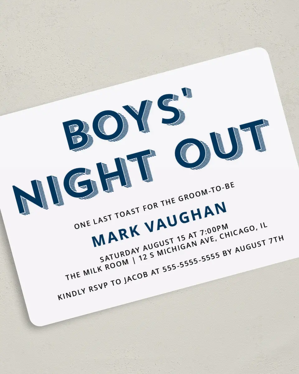 This is a 5" x 7" Bachelor Party Invitation called Bold Chevron printed in full color on Premium Smooth paper