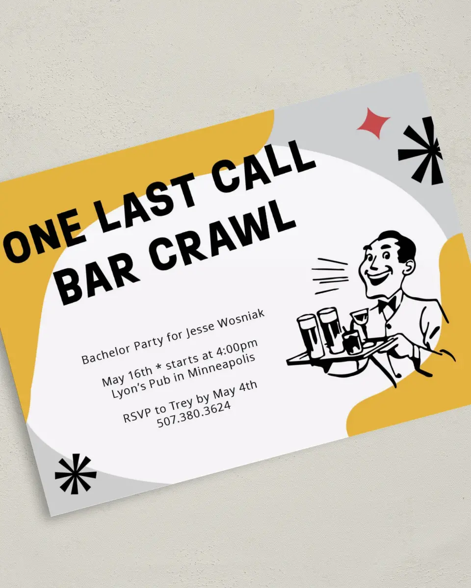 This is a 5" x 7" Bachelor Party Invitation called One Last Time printed in full color on Premium Smooth paper