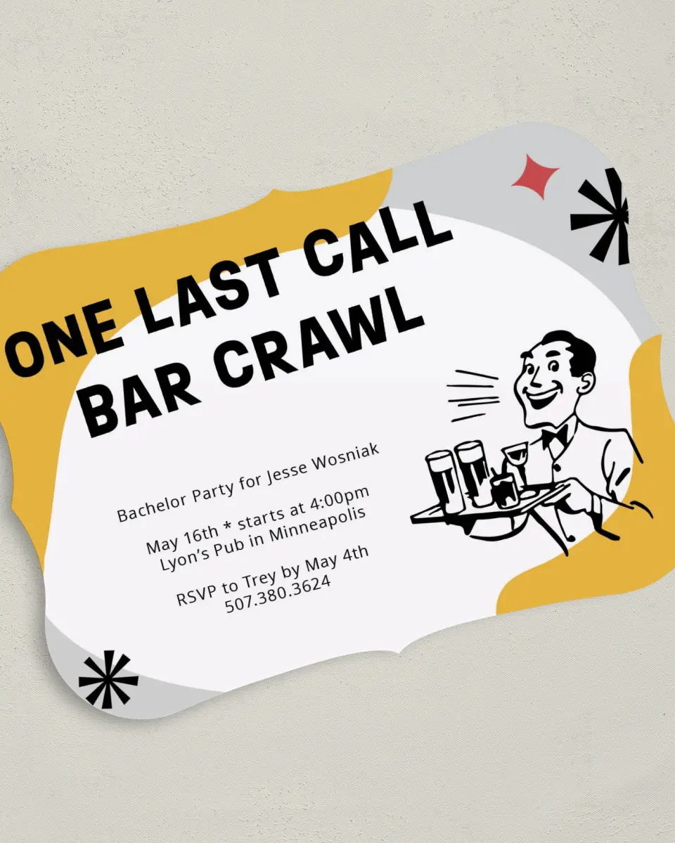 This is a 5" x 7" Bachelor Party Invitation called One Last Time printed in full color on Premium Smooth paper