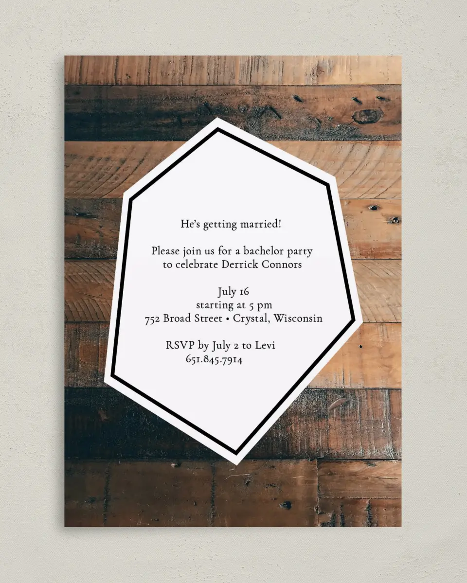 This is a 5" x 7" Bachelor Party Invitation called Bachelor Boards printed in full color with Silver foil on Luxe Satin (coated) paper