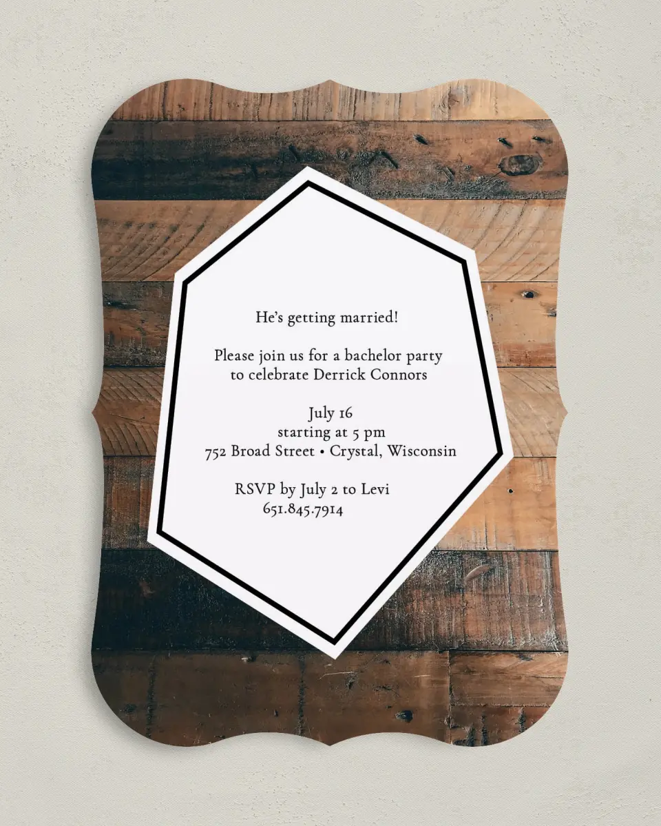This is a 5" x 7" Bachelor Party Invitation called Bachelor Boards printed in full color with Rose Gold foil on Luxe Satin (coated) paper
