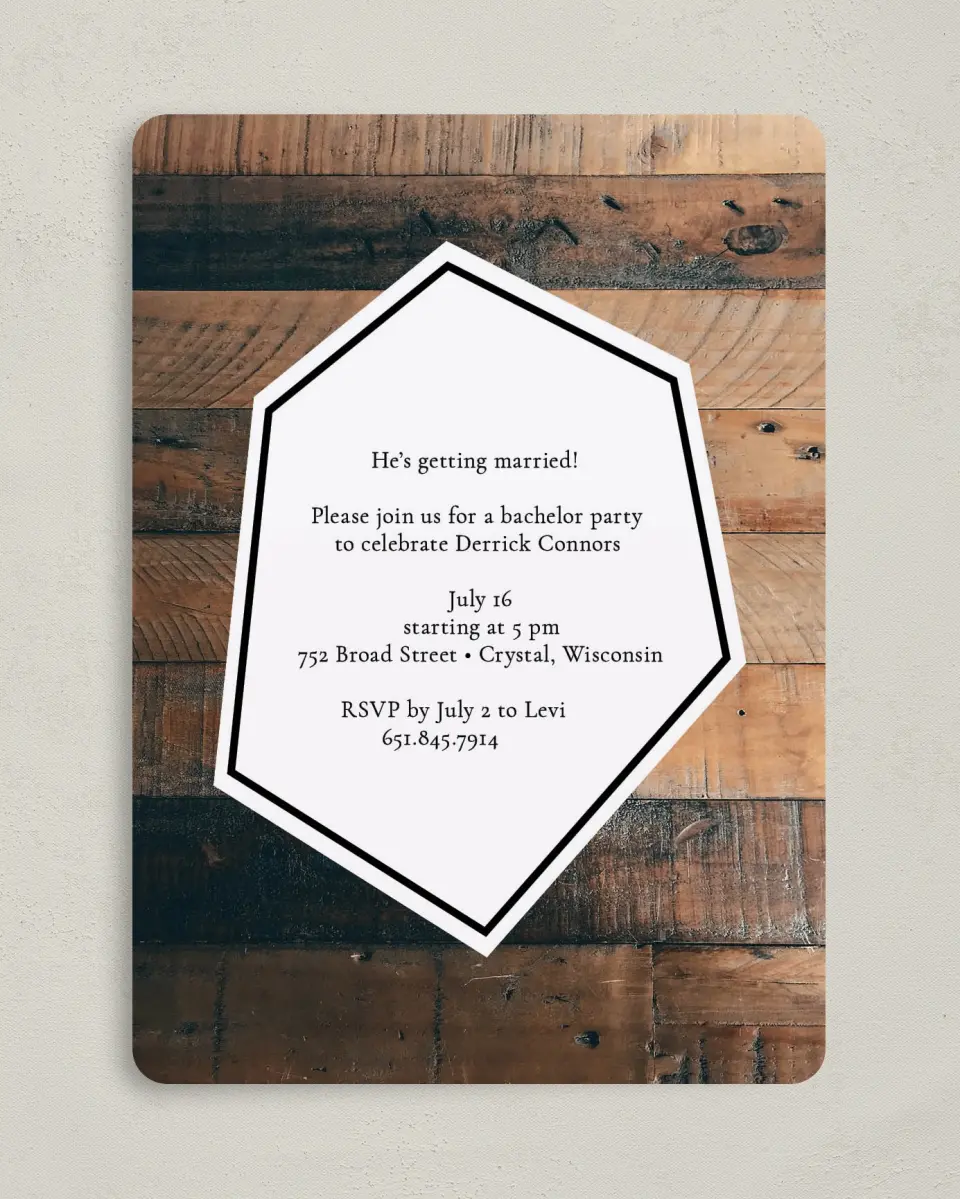 This is a 5" x 7" Bachelor Party Invitation called Bachelor Boards printed in full color on Premium Smooth paper