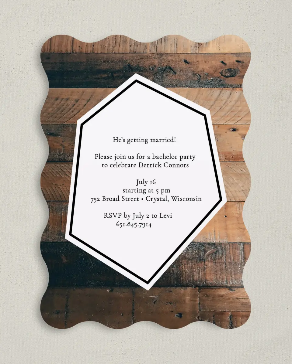 This is a 5" x 7" Bachelor Party Invitation called Bachelor Boards printed in full color with Gold foil on Luxe Satin (coated) paper