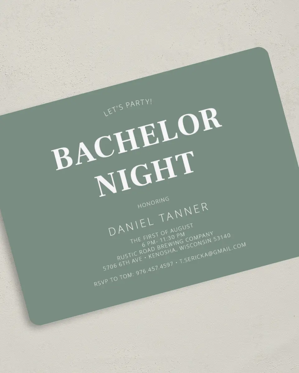 This is a 5" x 7" Bachelor Party Invitation called Groom-To-Be printed in full color on Premium Smooth paper