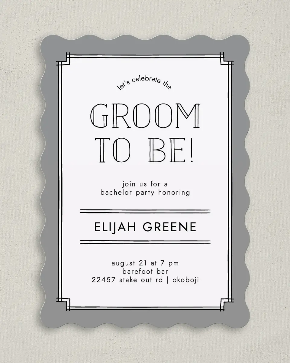 This is a 5" x 7" Bachelor Party Invitation called Framed Study printed in full color on Premium Smooth paper
