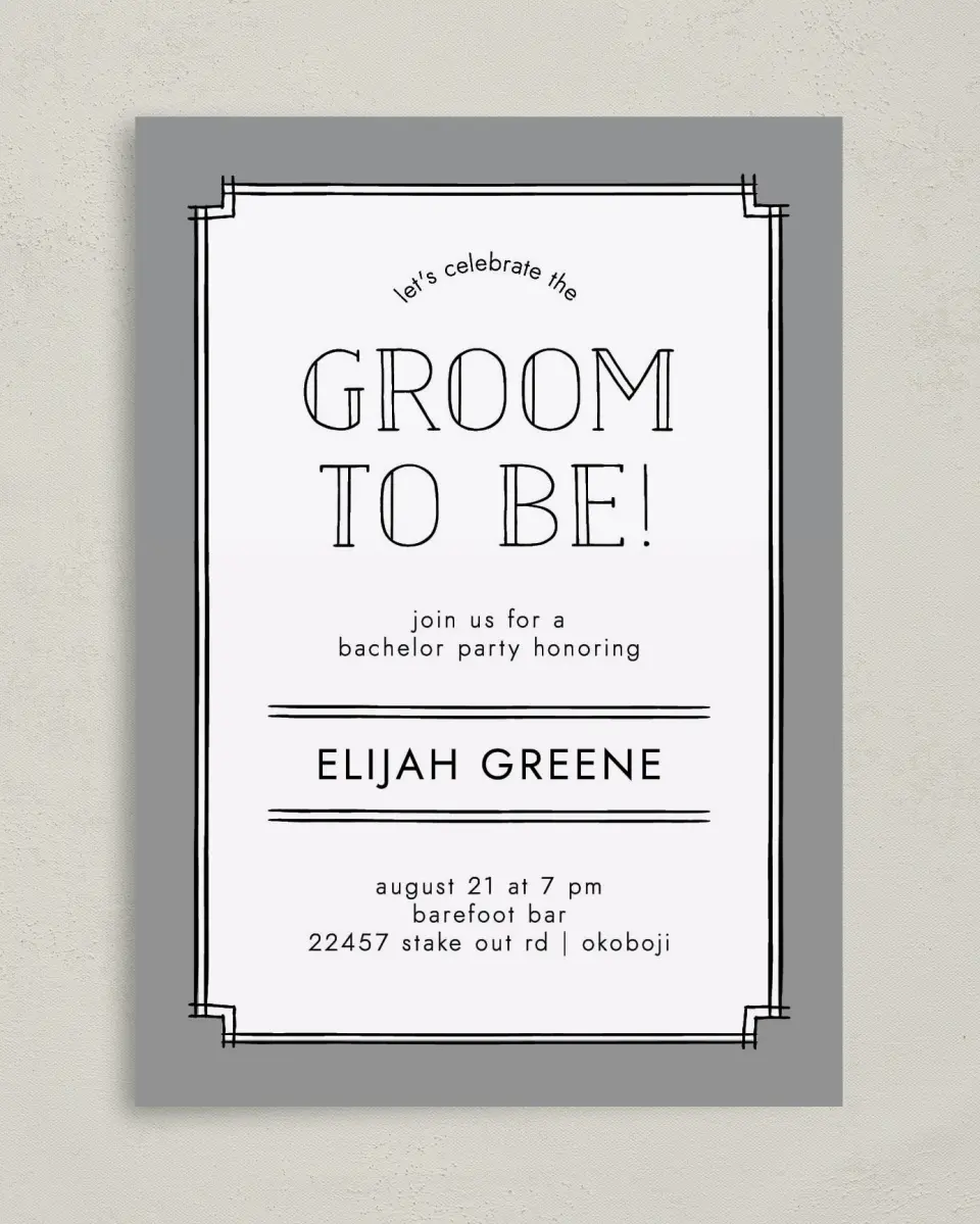 This is a 5" x 7" Bachelor Party Invitation called Framed Study printed in full color on Premium Smooth paper