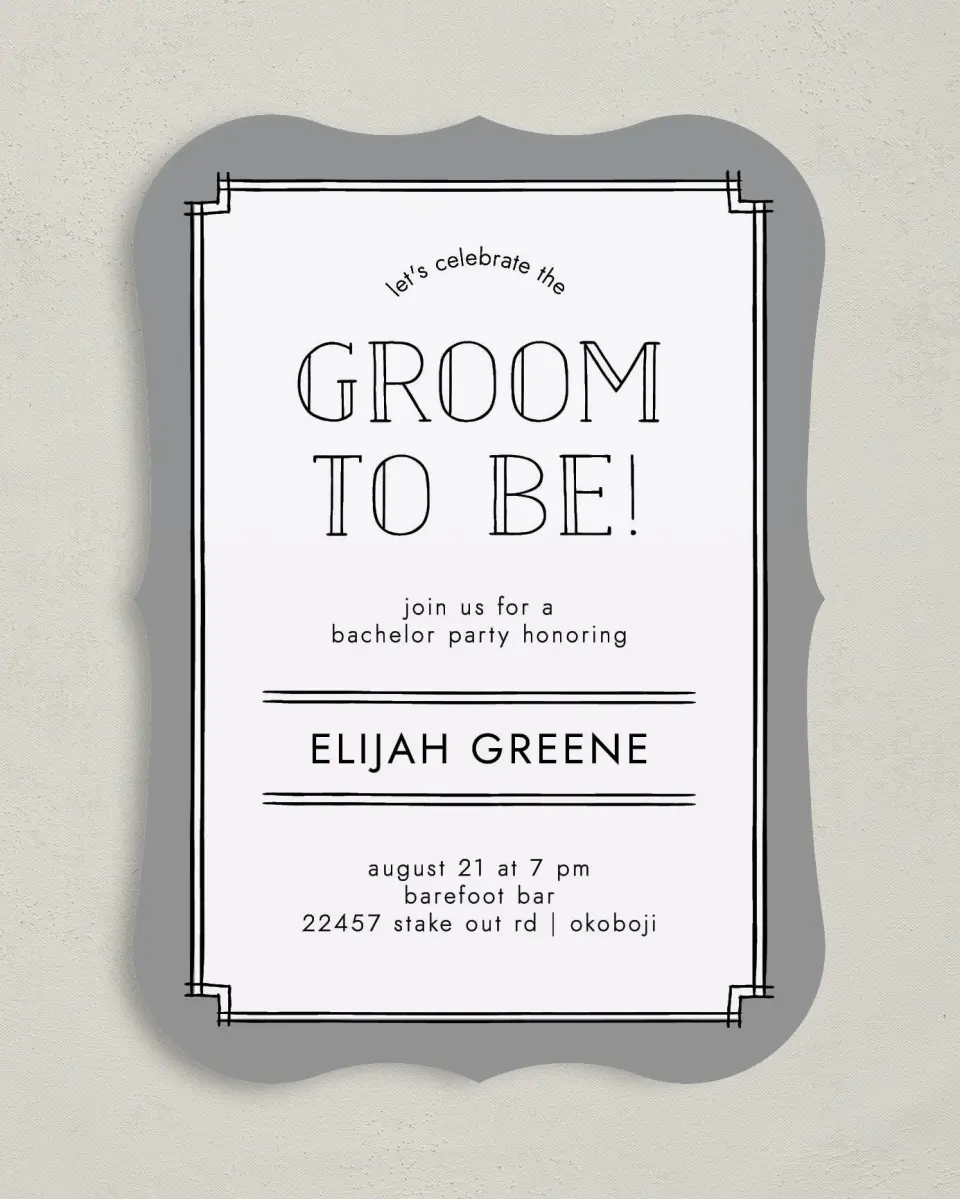 This is a 5" x 7" Bachelor Party Invitation called Framed Study printed in full color on Premium Smooth paper
