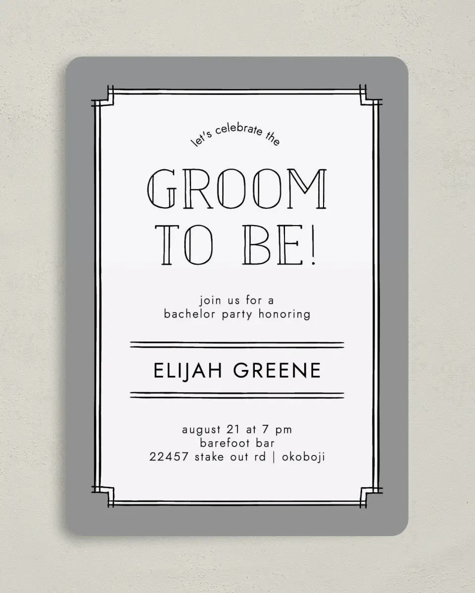 This is a 5" x 7" Bachelor Party Invitation called Framed Study printed in full color on Premium Smooth paper