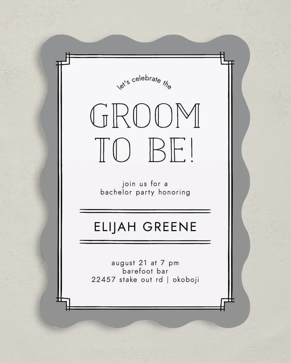 This is a 5" x 7" Bachelor Party Invitation called Framed Study printed in full color on Premium Smooth paper