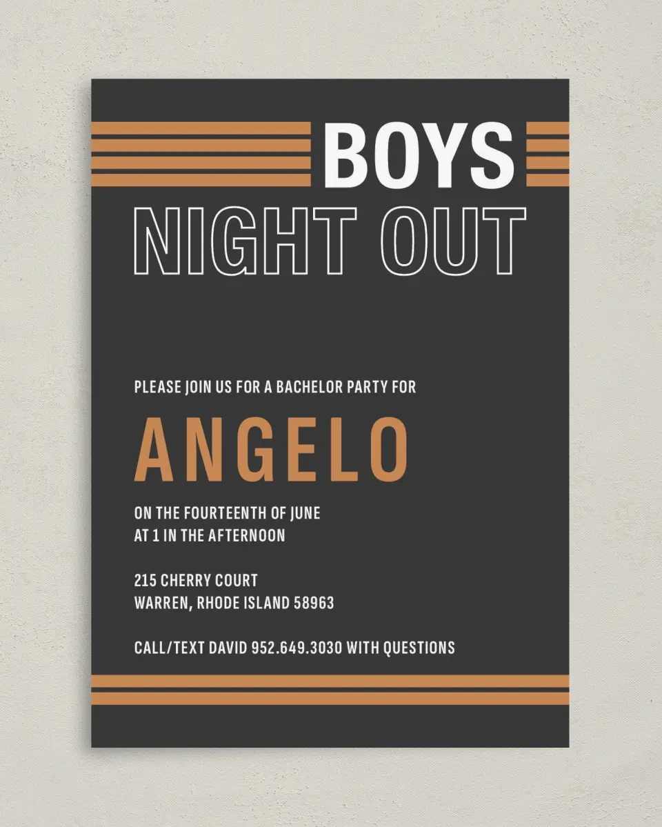 This is a 5" x 7" Bachelor Party Invitation called Soon To Be printed in full color on Premium Smooth paper