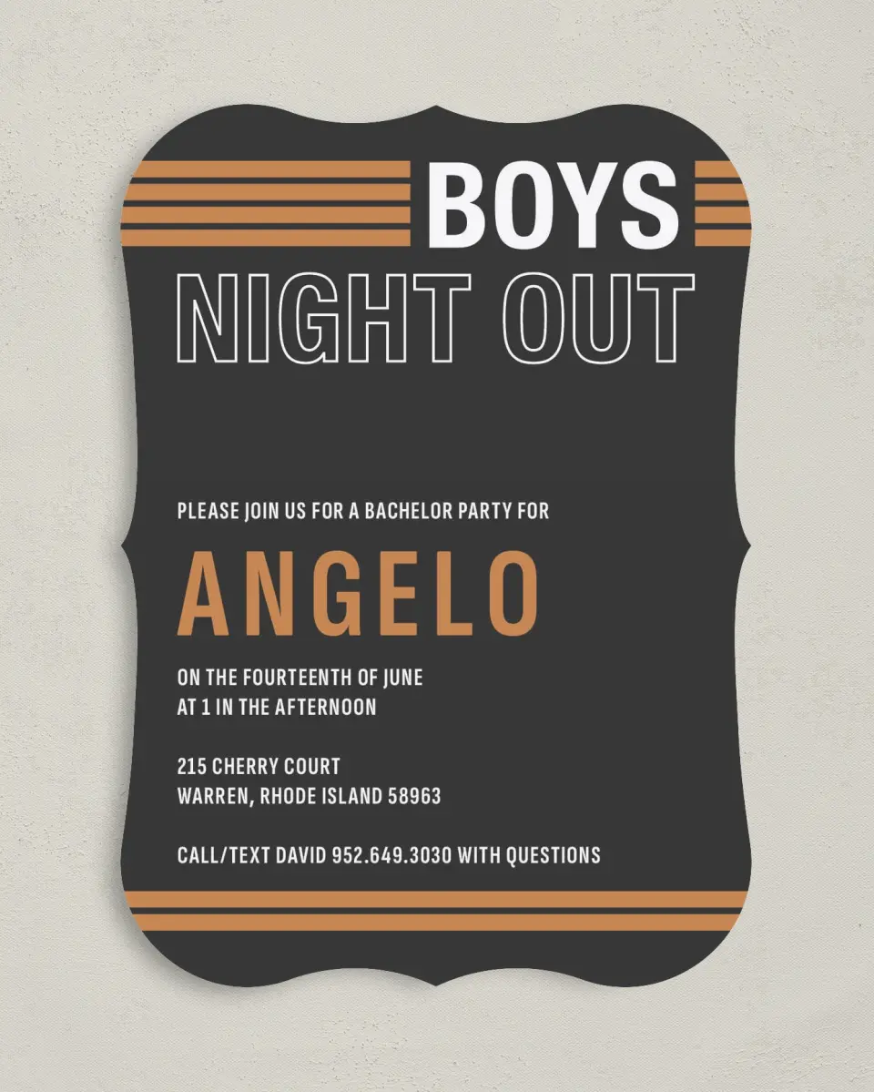 This is a 5" x 7" Bachelor Party Invitation called Soon To Be printed in full color with Gold foil on Luxe Satin (coated) paper