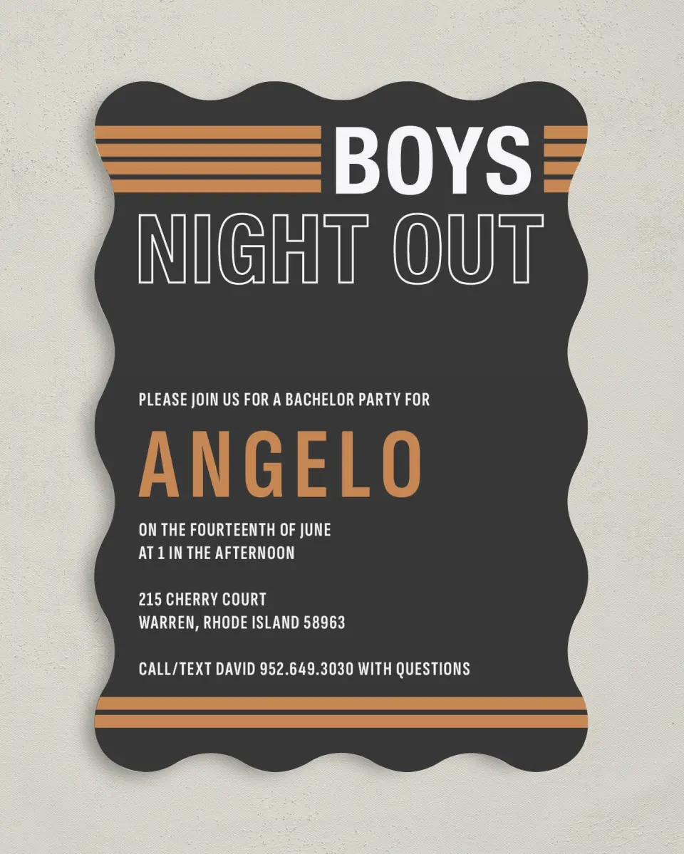 This is a 5" x 7" Bachelor Party Invitation called Soon To Be printed in full color on Premium Smooth paper