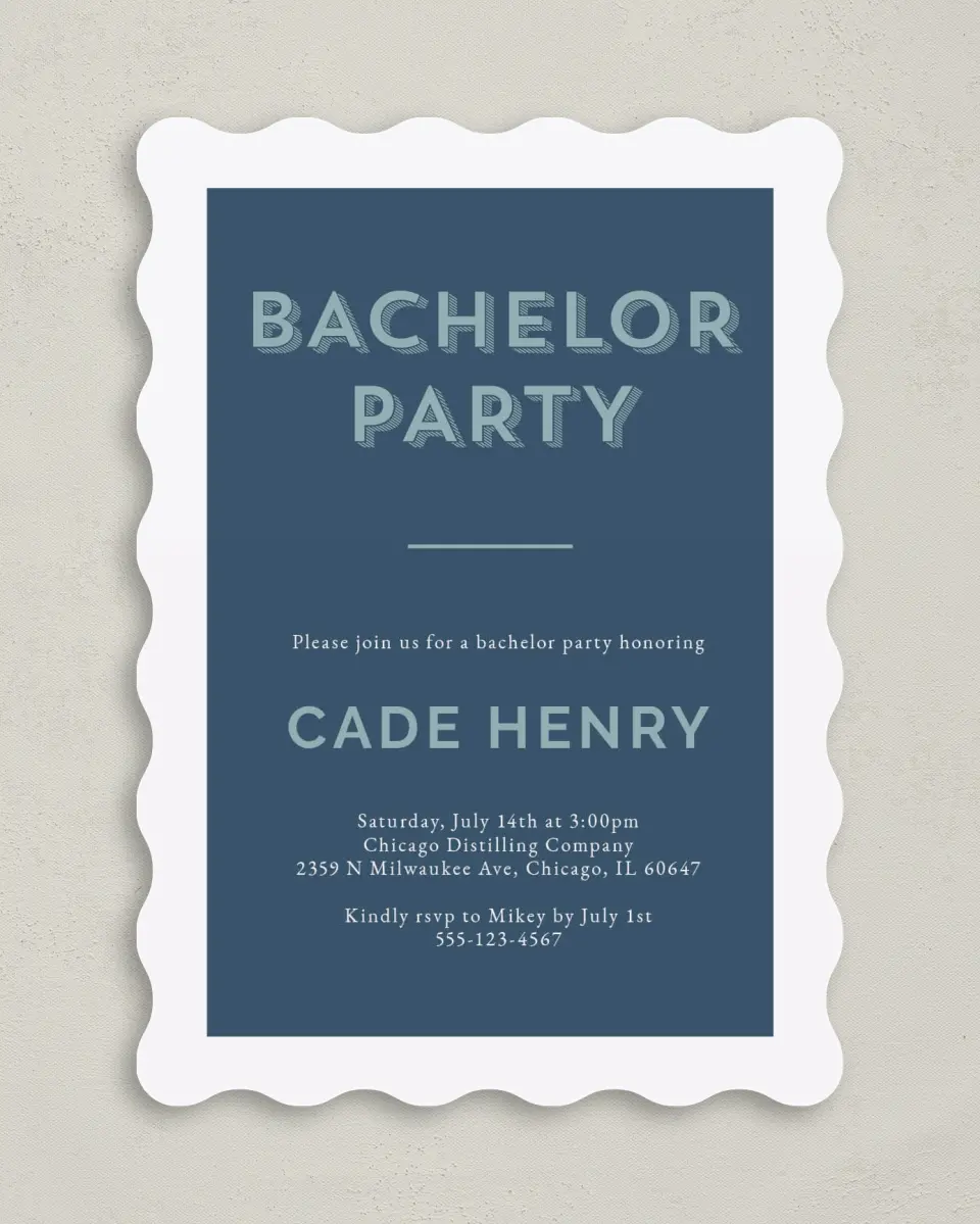 This is a 5" x 7" Bachelor Party Invitation called Whimsical Celebration printed in full color on Premium Smooth paper