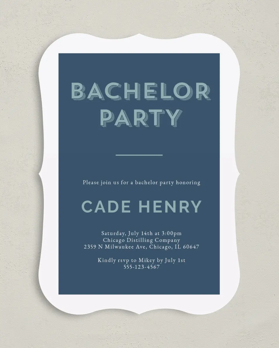 This is a 5" x 7" Bachelor Party Invitation called Whimsical Celebration printed in full color with Silver foil on Luxe Satin (coated) paper