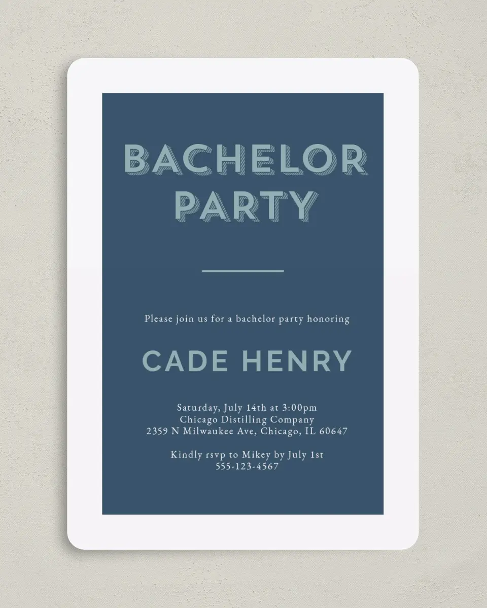 This is a 5" x 7" Bachelor Party Invitation called Whimsical Celebration printed in full color on Premium Smooth paper