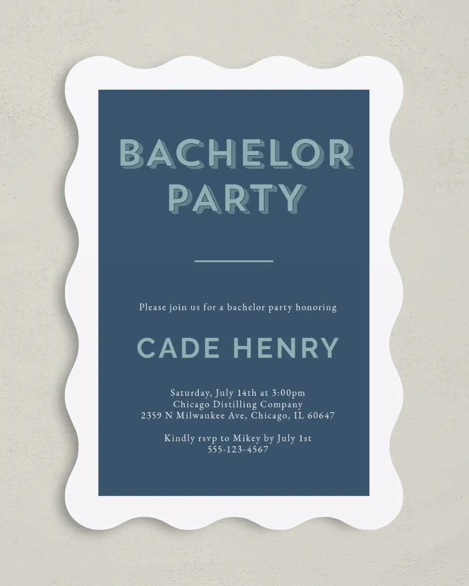 This is a 5" x 7" Bachelor Party Invitation called Whimsical Celebration printed in full color on Premium Smooth paper