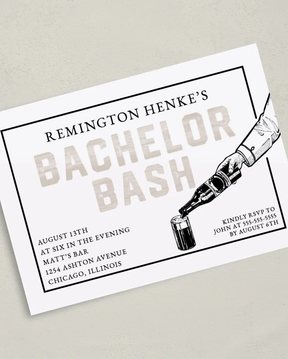 This is a 5" x 7" Bachelor Party Invitation called Watercolor Woodgrain printed in full color on Premium Smooth paper
