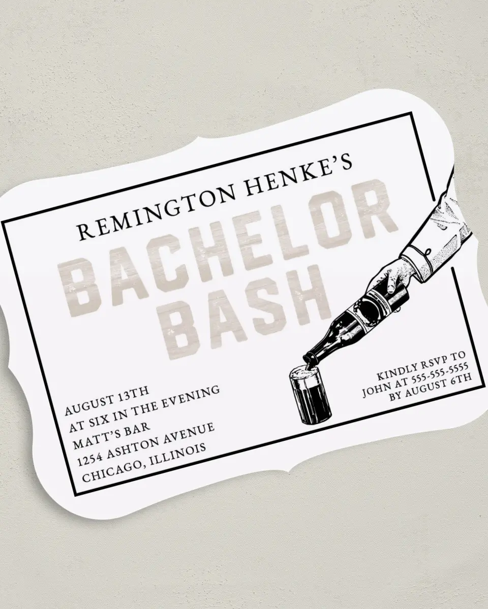 This is a 5" x 7" Bachelor Party Invitation called Watercolor Woodgrain printed in full color on Premium Smooth paper