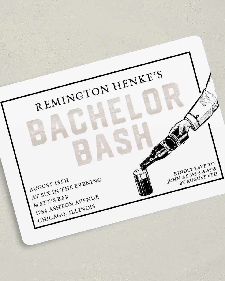 This is a 5" x 7" Bachelor Party Invitation called Watercolor Woodgrain printed in full color on Premium Smooth paper