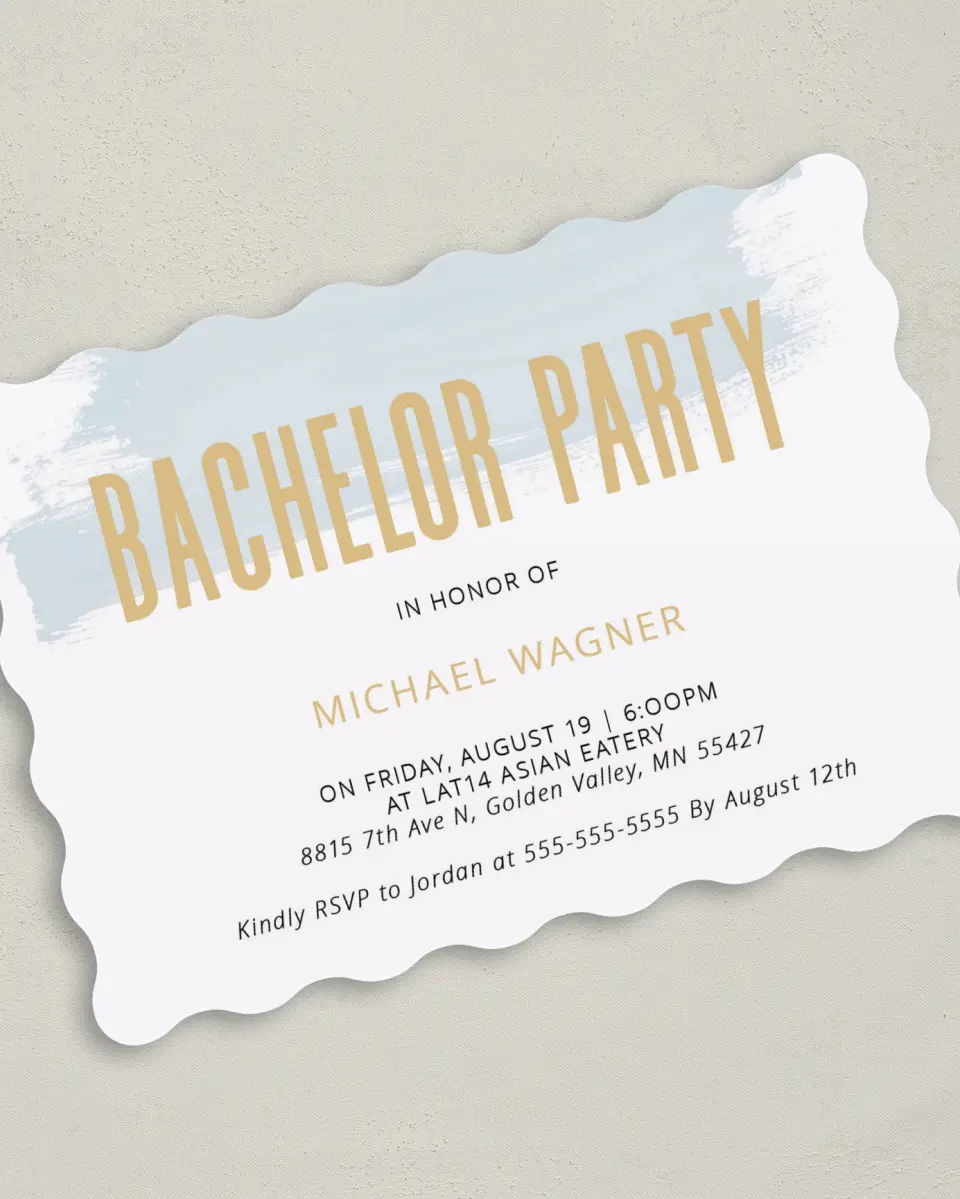 This is a 5" x 7" Bachelor Party Invitation called Bachelor Brush printed in full color on Premium Smooth paper