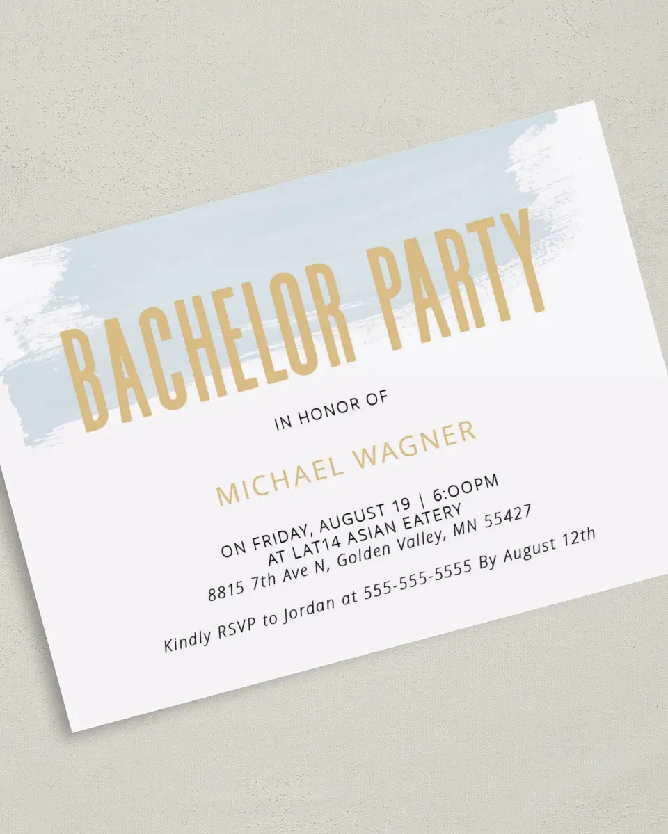 This is a 5" x 7" Bachelor Party Invitation called Bachelor Brush printed in full color on Premium Smooth paper