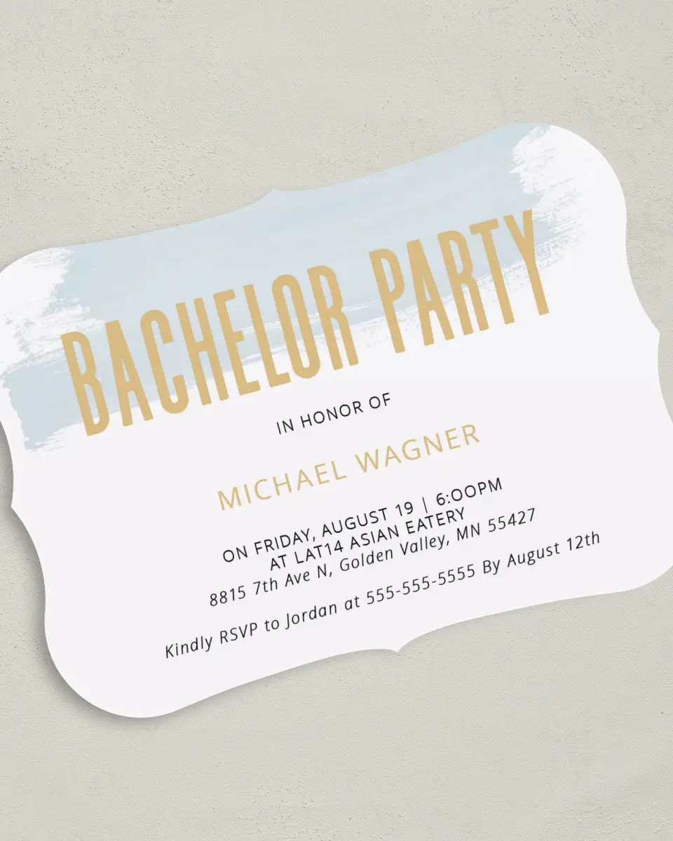 This is a 5" x 7" Bachelor Party Invitation called Bachelor Brush printed in full color on Premium Smooth paper