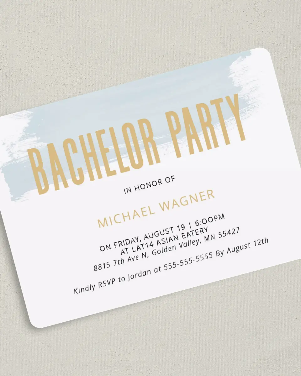 This is a 5" x 7" Bachelor Party Invitation called Bachelor Brush printed in full color on Premium Smooth paper