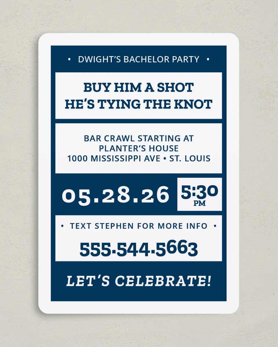 This is a 5" x 7" Bachelor Party Invitation called Bridal Party printed in full color on Premium Smooth paper