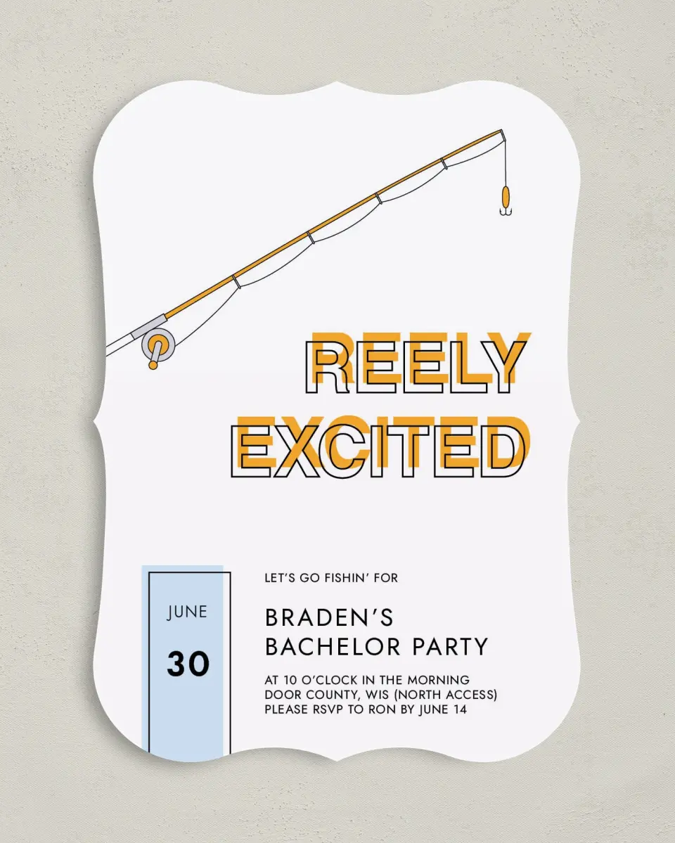 This is a 5" x 7" Bachelor Party Invitation called Poles United printed in full color with Silver foil on Luxe Satin (coated) paper