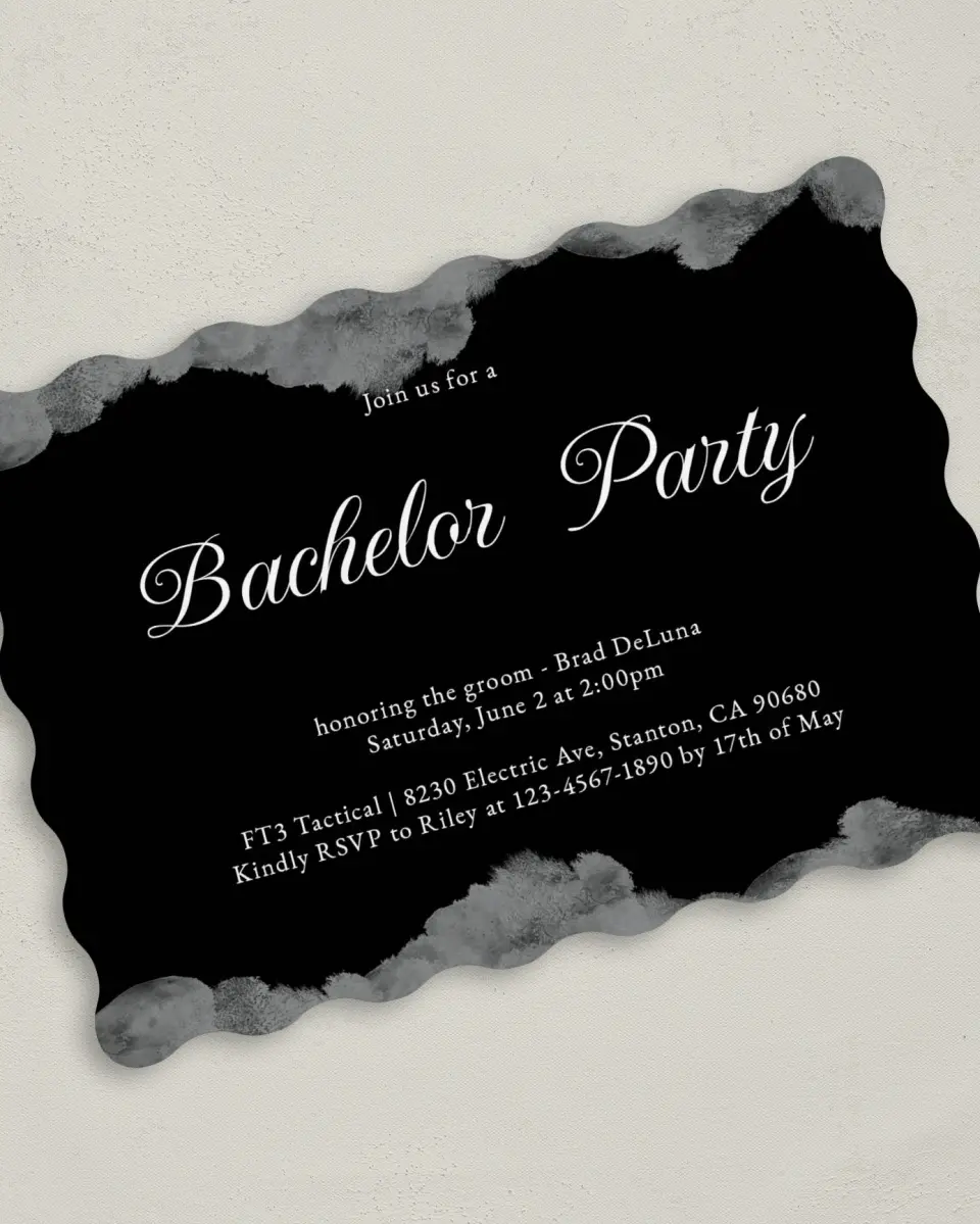 This is a 5" x 7" Bachelor Party Invitation called Painterly Posh printed in full color on Premium Smooth paper