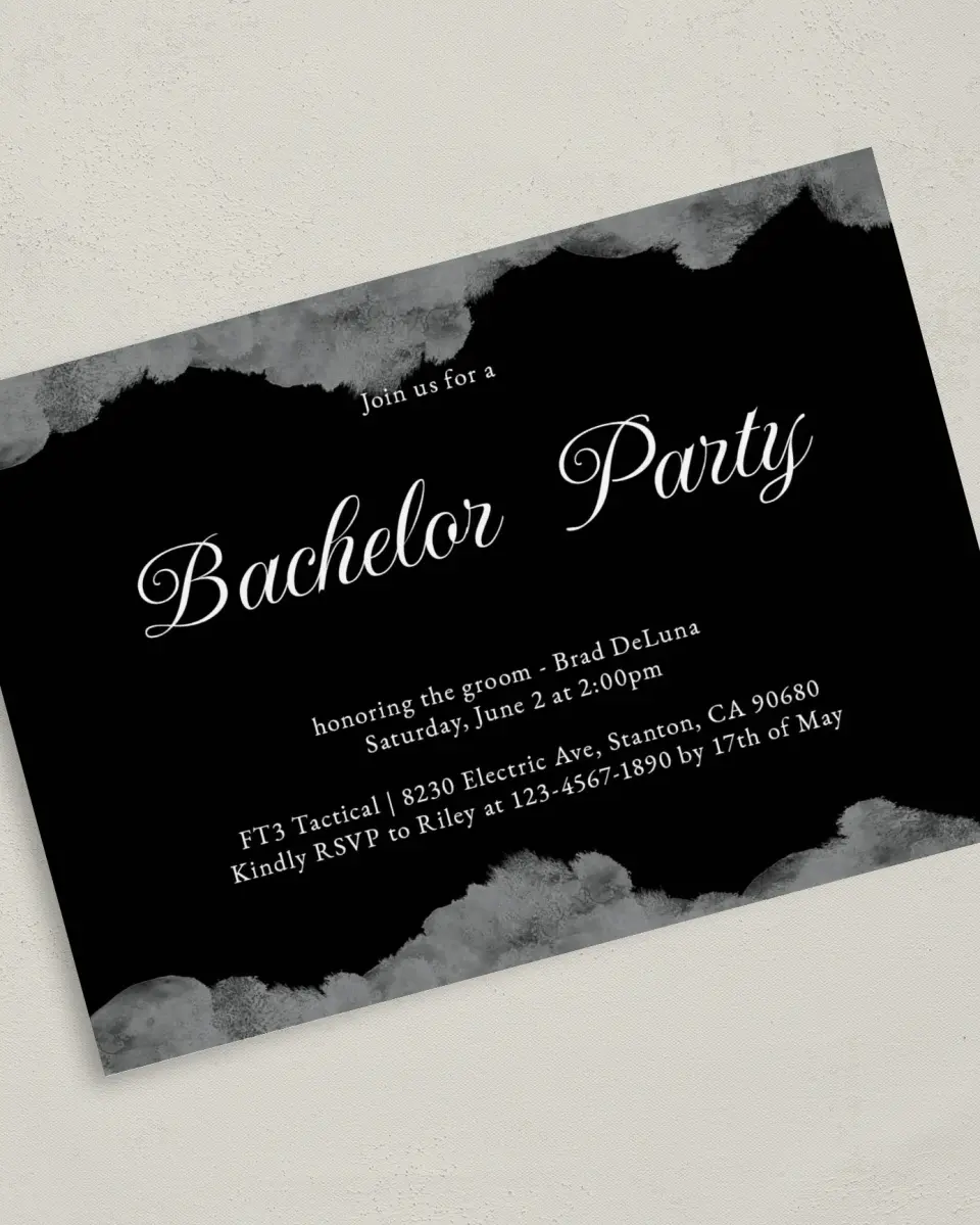 This is a 5" x 7" Bachelor Party Invitation called Painterly Posh printed in full color on Premium Smooth paper