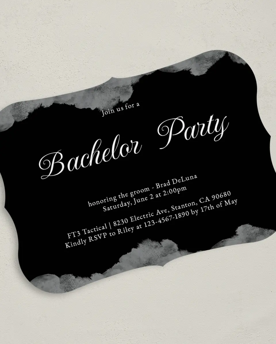 This is a 5" x 7" Bachelor Party Invitation called Painterly Posh printed in full color with Silver foil on Luxe Satin (coated) paper
