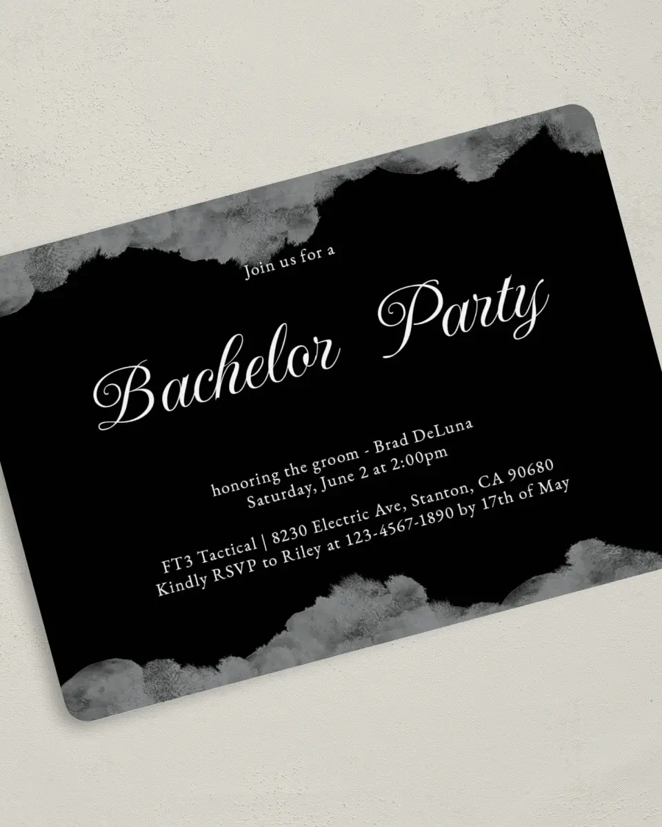 This is a 5" x 7" Bachelor Party Invitation called Painterly Posh printed in full color on Premium Smooth paper