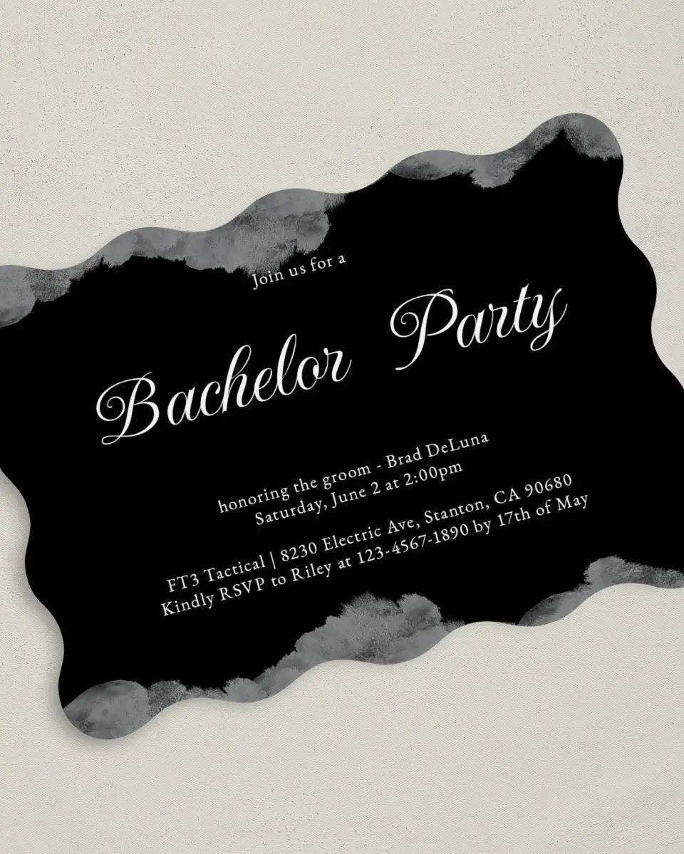 This is a 5" x 7" Bachelor Party Invitation called Painterly Posh printed in full color on Premium Smooth paper