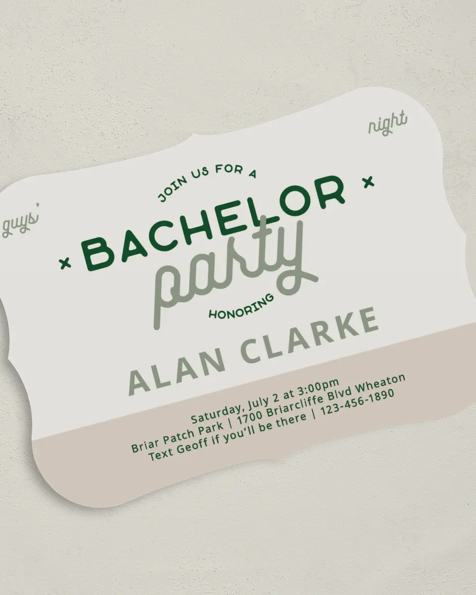 This is a 5" x 7" Bachelor Party Invitation called Starlight Party printed in full color with Silver foil on Luxe Satin (coated) paper