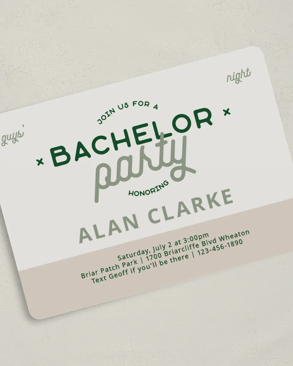 This is a 5" x 7" Bachelor Party Invitation called Starlight Party printed in full color on Premium Smooth paper