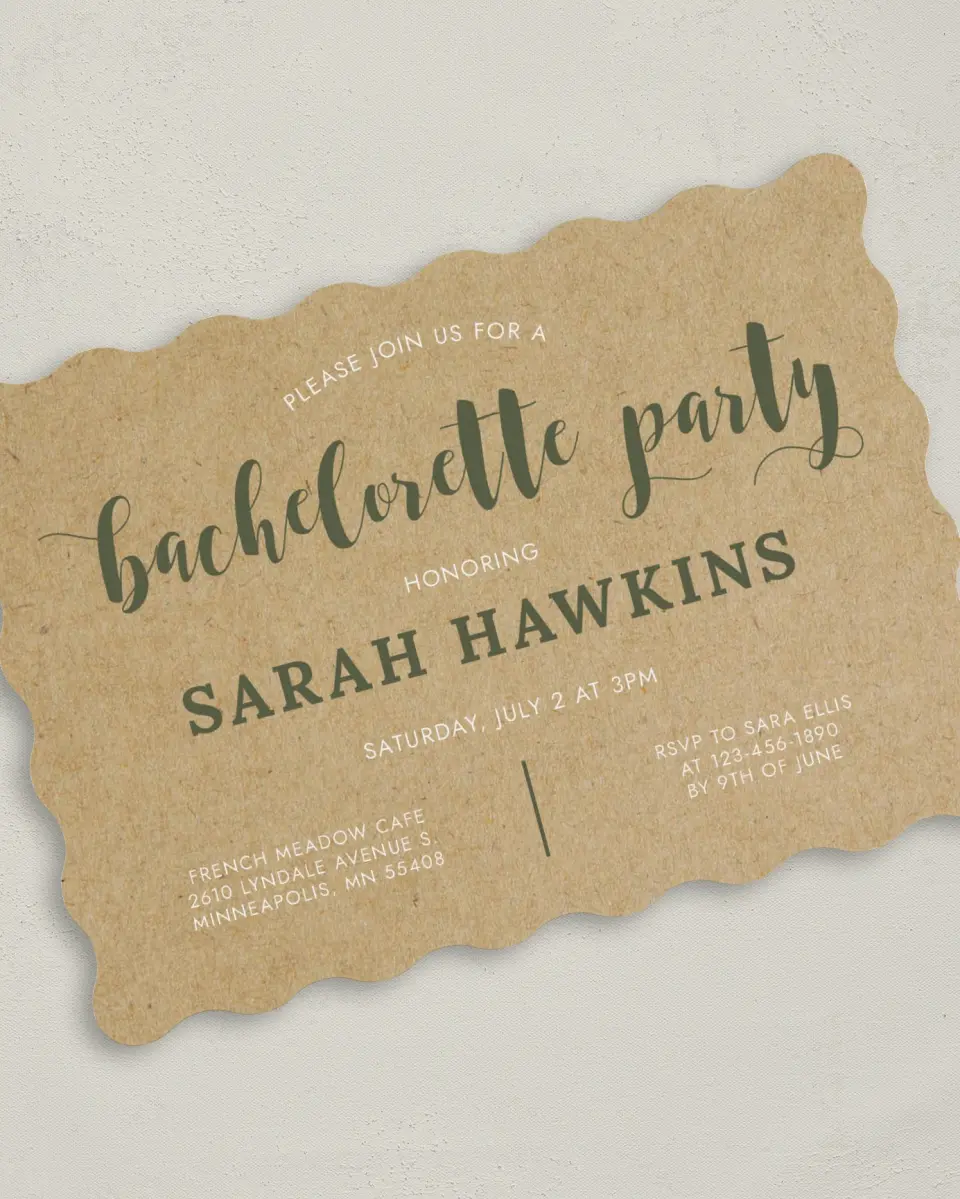This is a 5" x 7" Bachelorette Party Invitation called Sweetly Krafted printed in full color on Premium Smooth paper