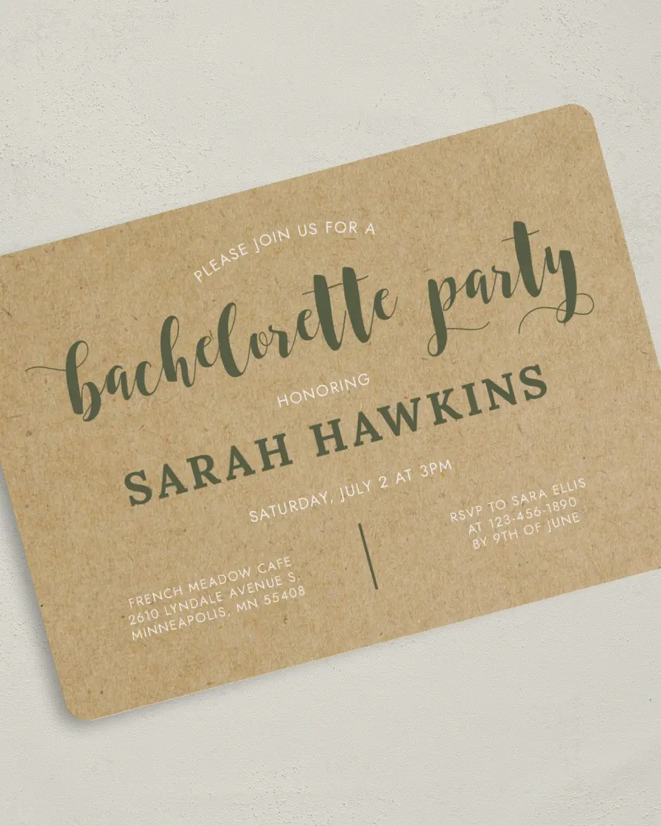 This is a 5" x 7" Bachelorette Party Invitation called Sweetly Krafted printed in full color on Premium Smooth paper