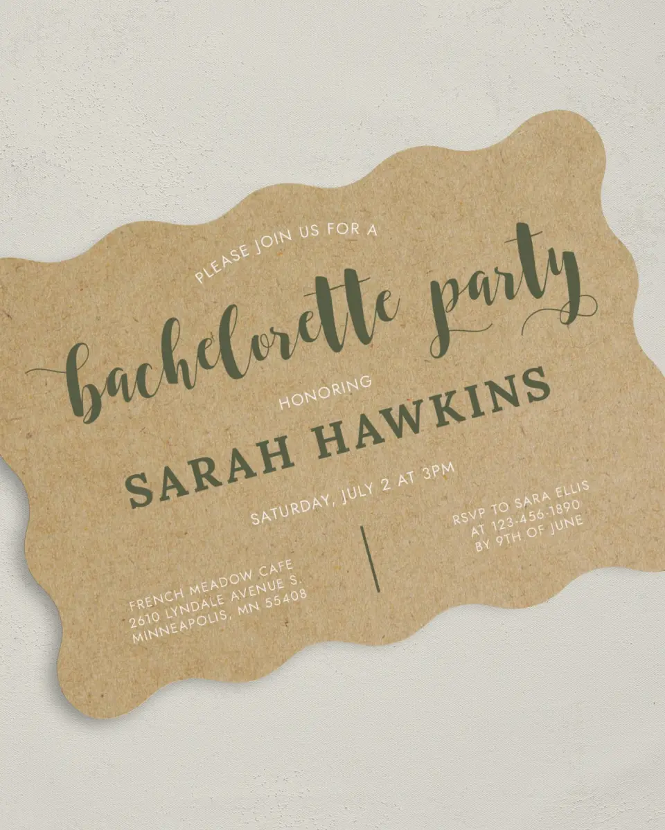 This is a 5" x 7" Bachelorette Party Invitation called Sweetly Krafted printed in full color on Premium Smooth paper