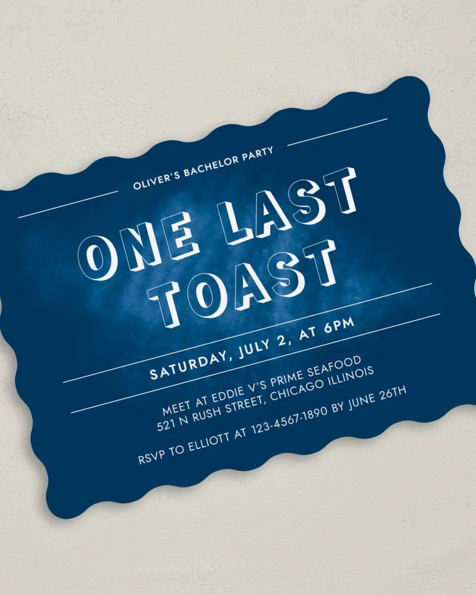 This is a 5" x 7" Bachelor Party Invitation called Bold Bliss printed in full color on Premium Smooth paper