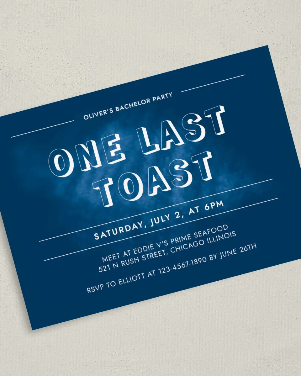 This is a 5" x 7" Bachelor Party Invitation called Bold Bliss printed in full color on Premium Smooth paper