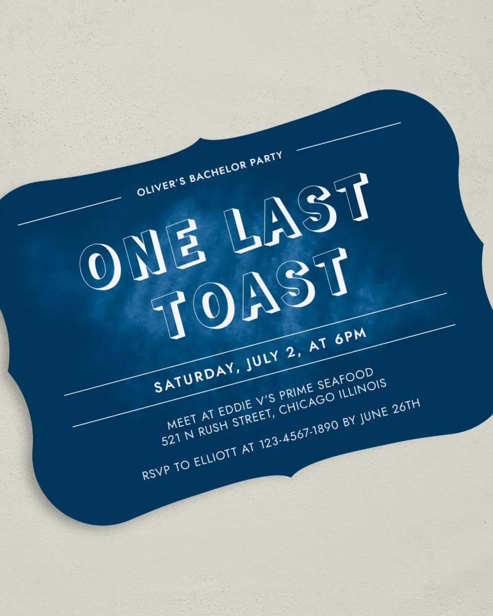This is a 5" x 7" Bachelor Party Invitation called Bold Bliss printed in full color on Premium Smooth paper