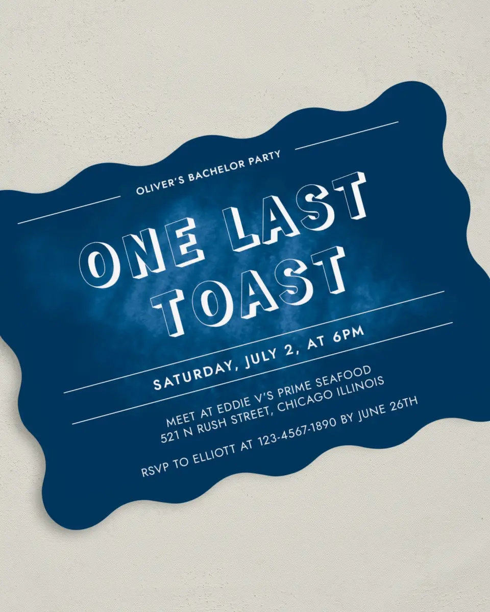This is a 5" x 7" Bachelor Party Invitation called Bold Bliss printed in full color with Rose Gold foil on Luxe Satin (coated) paper