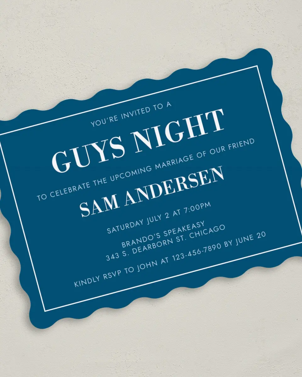 This is a 5" x 7" Bachelor Party Invitation called Mod Groom printed in full color on Premium Smooth paper