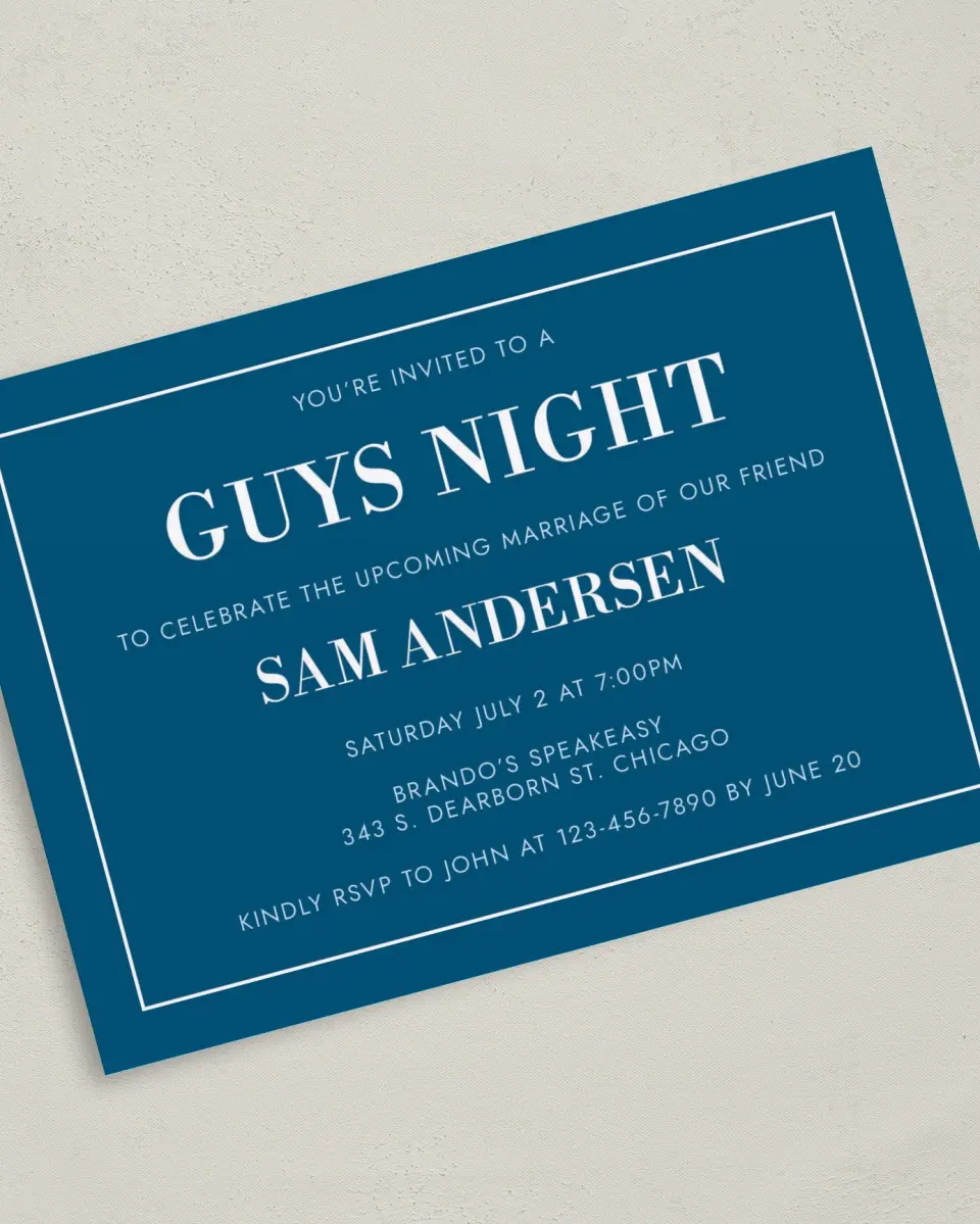 This is a 5" x 7" Bachelor Party Invitation called Mod Groom printed in full color on Premium Smooth paper