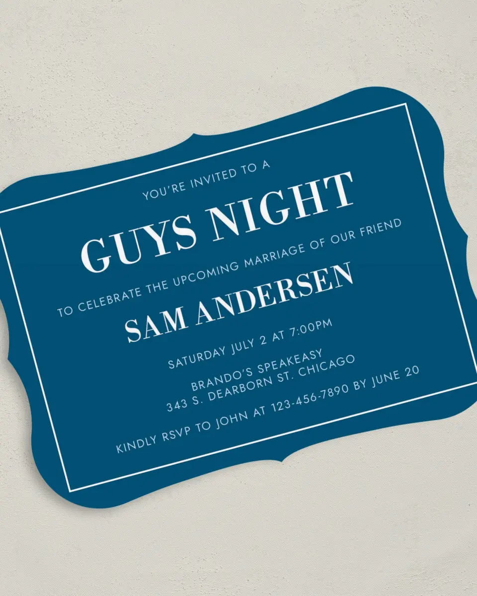 This is a 5" x 7" Bachelor Party Invitation called Mod Groom printed in full color with Rose Gold foil on Luxe Satin (coated) paper