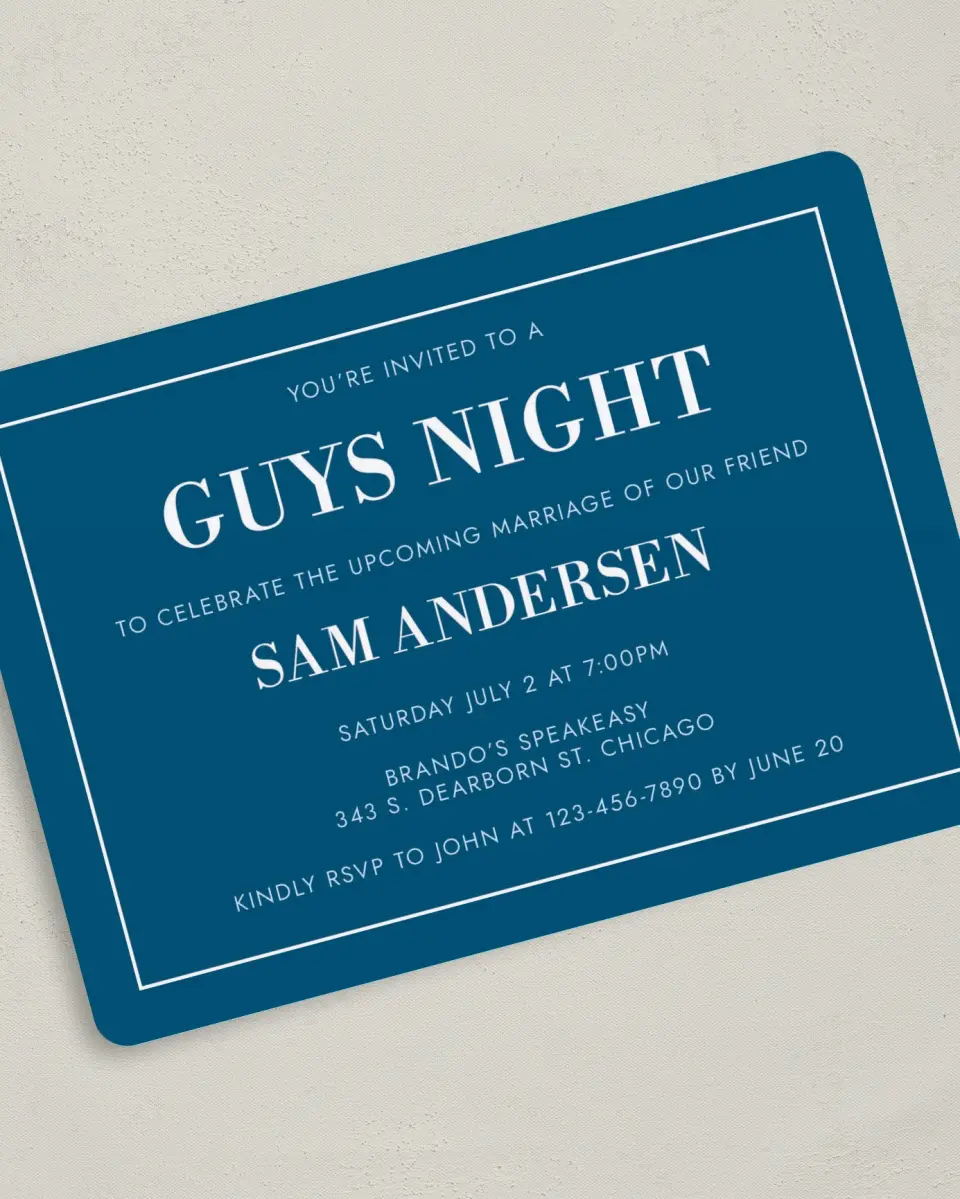 This is a 5" x 7" Bachelor Party Invitation called Mod Groom printed in full color on Premium Smooth paper
